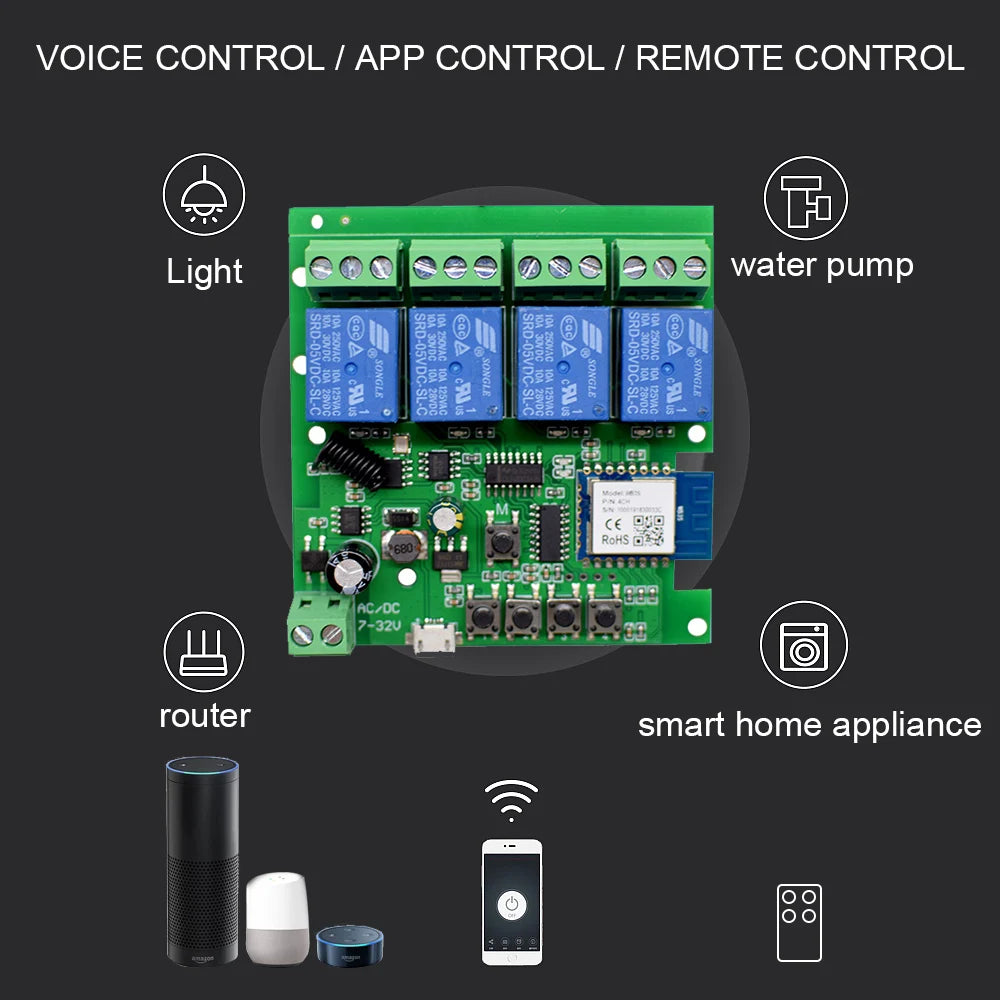 4CH Tuya Smart Life Wireless Wifi Switch Module WI FI APP Remote Control DC 12V 24V AC 220V RF Receiver 10A Smart Relay Alexa