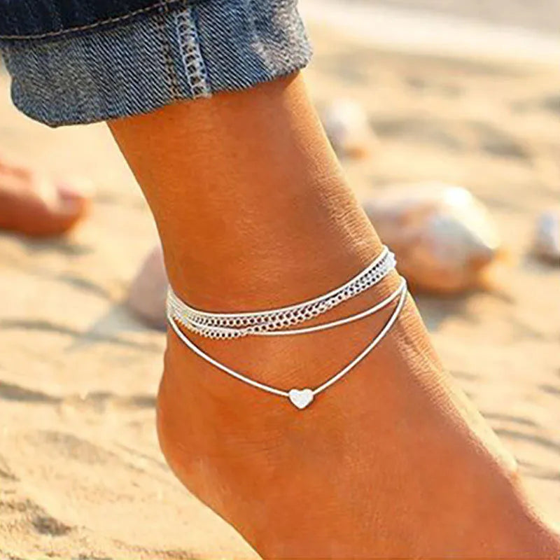 LETAPI Two Layers Chain Heart Style Gold/Silver Color Anklets For Women Bracelets Summer Barefoot Sandals Jewelry On Foot Leg - You Offer