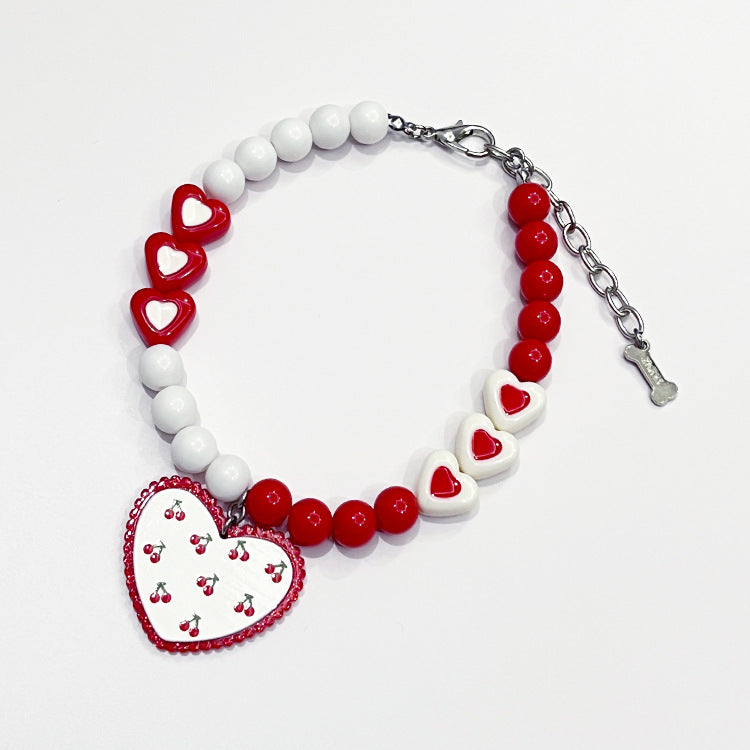 Red Heart Bead Necklace Dog Collar - You Offer