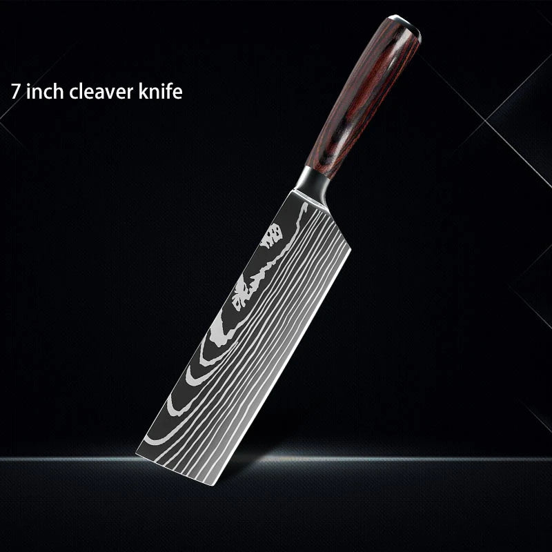 Chef knife 1-10Pcs Set Laser Damascus Pattern Kitchen Knives Sharp Japanese Santoku Slicing Utility Knife Cleaver Boning Knives - You Offer
