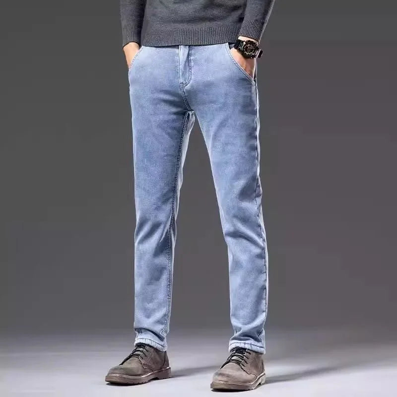 New Autumn and Winter Fashion Trend With Thick Fleece and Warm Straight Leg Blue Jeans For Men's Casual Sports High-end Jeans - You Offer