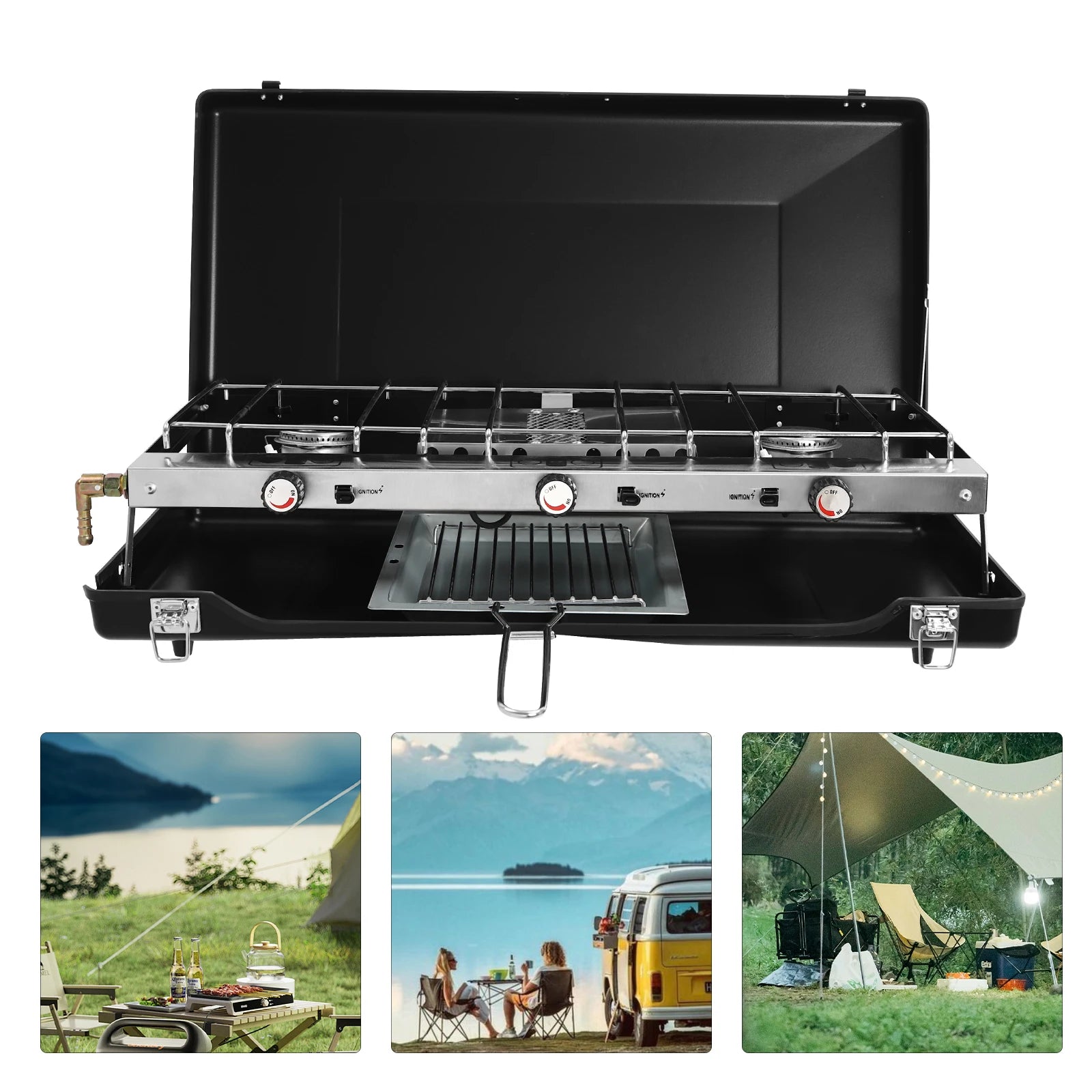 Camping Stove 3 Burner Propane Portable Stove with Regulator Toast Tray Windshield for Car Camping BBQ Picnics Outdoor Cooking - You Offer