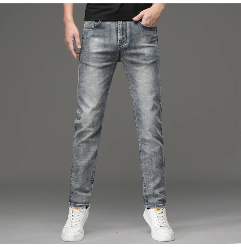 High-end Light Luxury Brand Jeans Men's Retro Slim Fit Straight Versatile Casual Gray Trousers Autumn and Winter Thick Jeans - You Offer