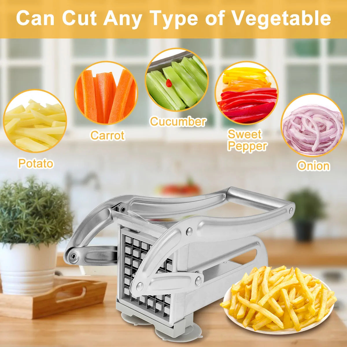 French Fry Cutter Stainless Steel Potato Chipper Blades Manual Food Slicer Dicer Multifunction Vegetable Fruit Onion Chipper - You Offer