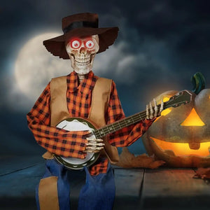 Halloween Banjo Scarecrow Playing Skeletons Animatronics Banjo Skeletons Decoration for Halloween Indoor Outdoor Yard Lawn Party