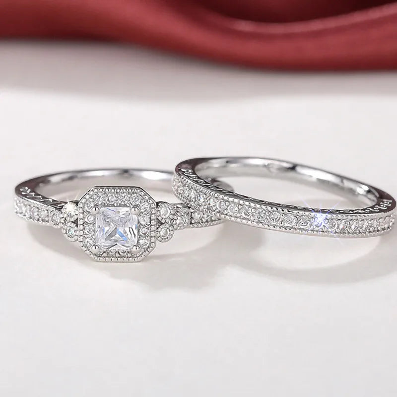 925 Sterling Silver Set Rings for Women 2Pcs Luxury Cubic Zircon Wedding Accessories Temperament Elegant Female Jewelry - You Offer