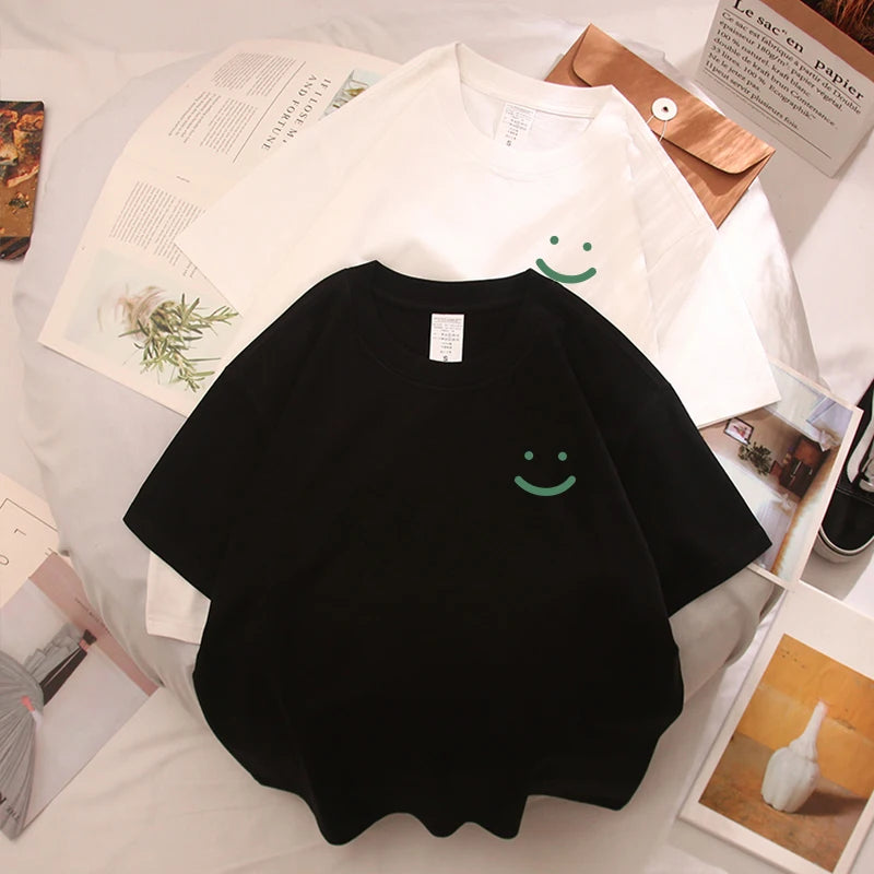 Smiling Face t-shirt For Men Summer White Trendy Brand Loose Printed Pure Cotton Short Sleeved Couple Outfit With Half Sleeves