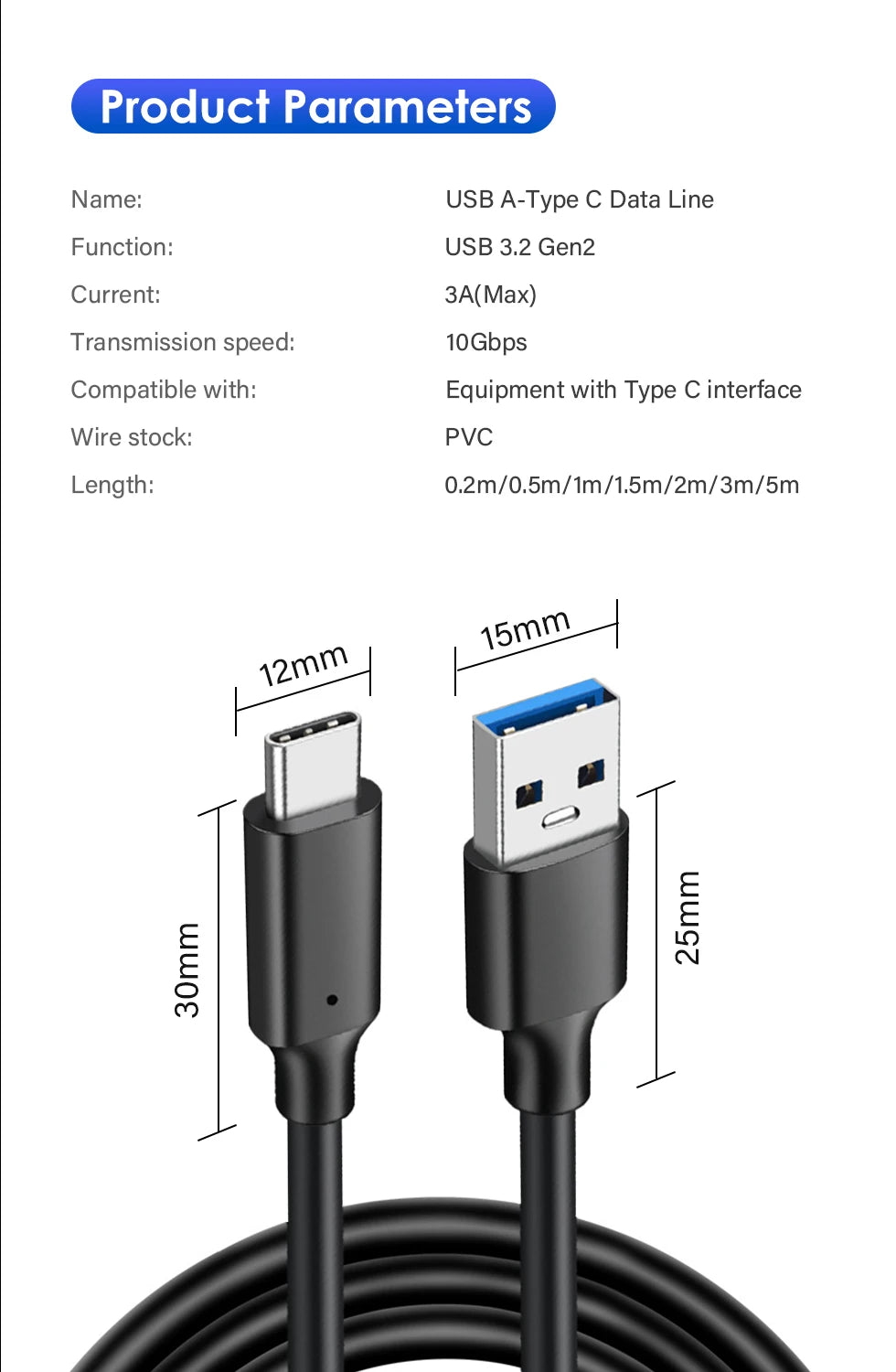 USB3.2 10Gbps Cable USB Type A to USB C 3.2 Gen2 Cable Data Transfer USB C SSD Hard Disk Cable 3A 60W QC 3.0 Fast Charging 2m 3m