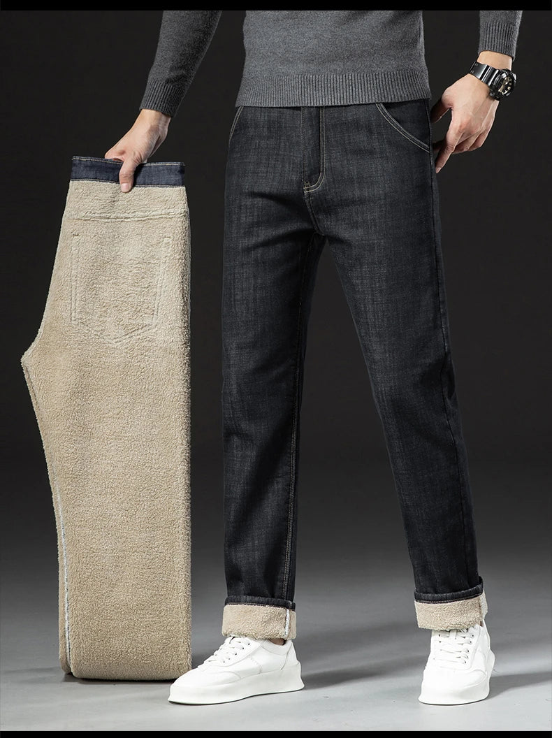 Winter Lamb Fluff Denim Straight Pants Men Thicken Big Size 40 Jeans High Waist Stretch Jeansy Fleece Lined Warm Slim Vaqueros - You Offer