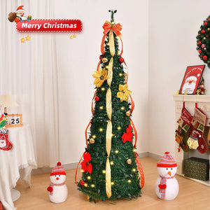 New Retractable Christmas Tree with Red and Yellow Flower Decorations, LED Light Frame, Foldable Holiday Ornament