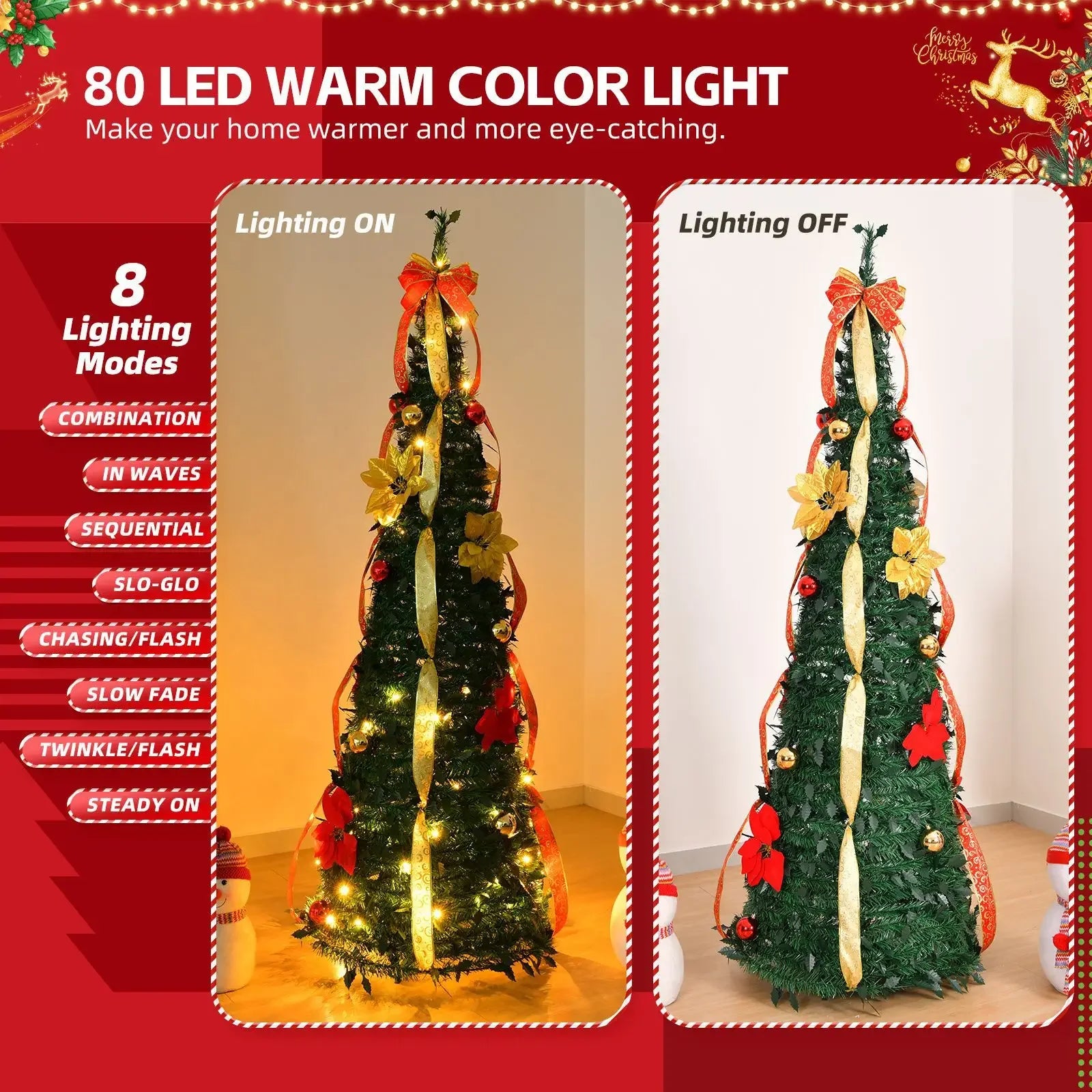 New Retractable Christmas Tree with Red and Yellow Flower Decorations, LED Light Frame, Foldable Holiday Ornament