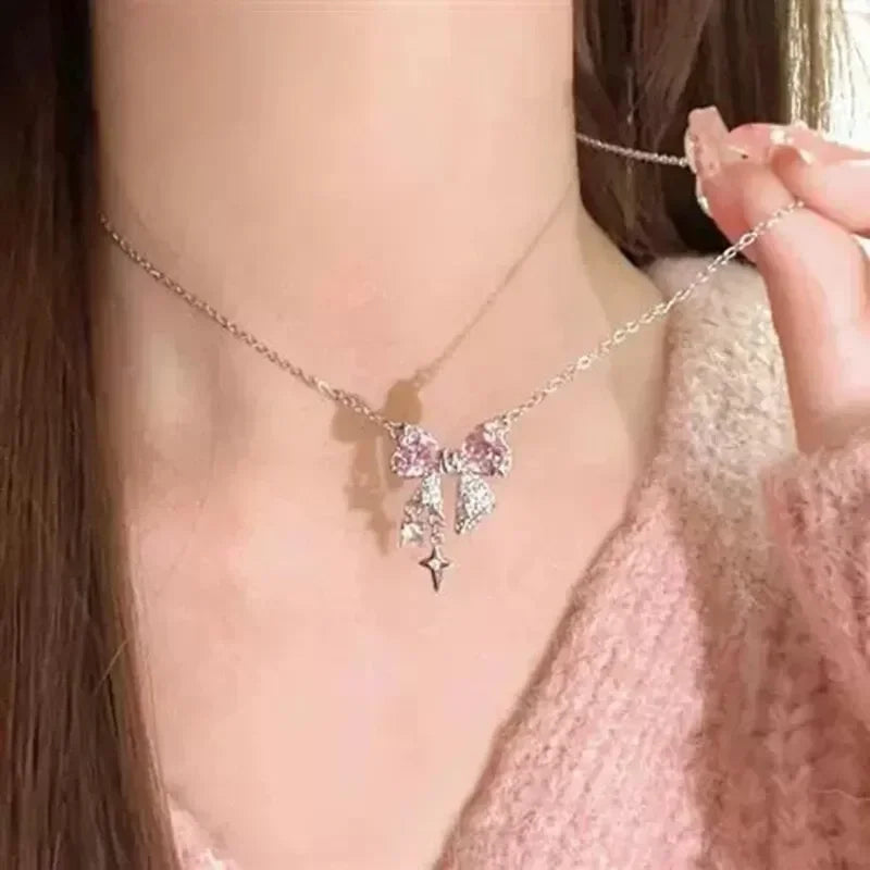 Fashion Fairy Pink Crystal Bow Knot Pendant Necklaces Y2K Girls Sweet Rhinestone Heart Clavicle Chain Women Jewelry Gifts - You Offer