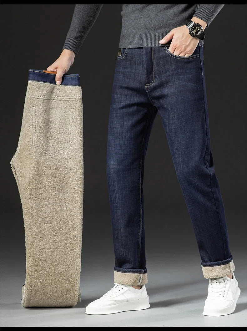 Winter Lamb Fluff Denim Straight Pants Men Thicken Big Size 40 Jeans High Waist Stretch Jeansy Fleece Lined Warm Slim Vaqueros - You Offer