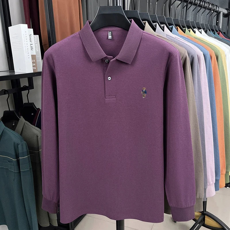 100% pure cotton men's trendy luxury brand autumn long sleeved polo shirt designer teddy bear embroidery business casual T-shirt