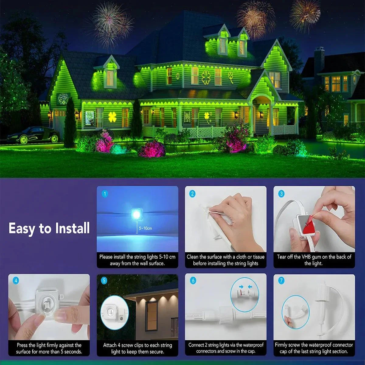 100FT 60 LEDs Permanent Outdoor Lights Smart RGBIC Eaves LED Lights Festival Flashing Lighting Fairy String  Holiday Lighting