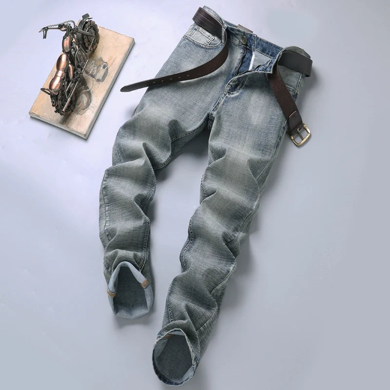 High-end Light Luxury Brand Jeans Men's Retro Slim Fit Straight Versatile Casual Gray Trousers Autumn and Winter Thick Jeans - You Offer