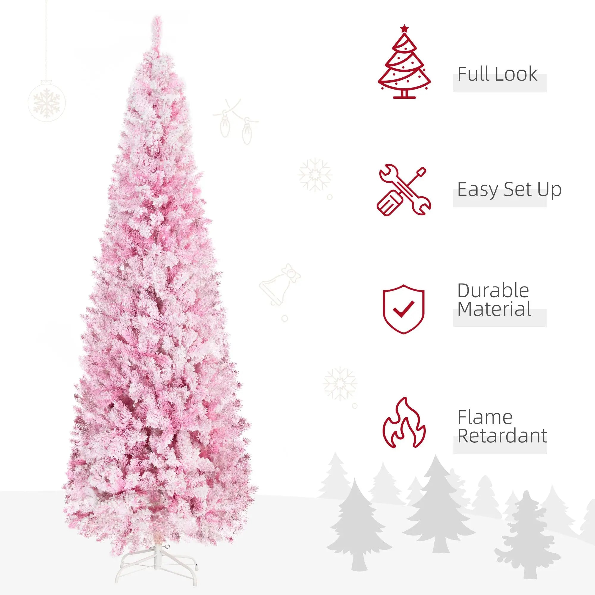 For  7.5ft Tall Unlit Snow Flocked Artificial Christmas Tree, Slim Pencil Xmas Tree with Pine Shape and Realistic Branches, Pi