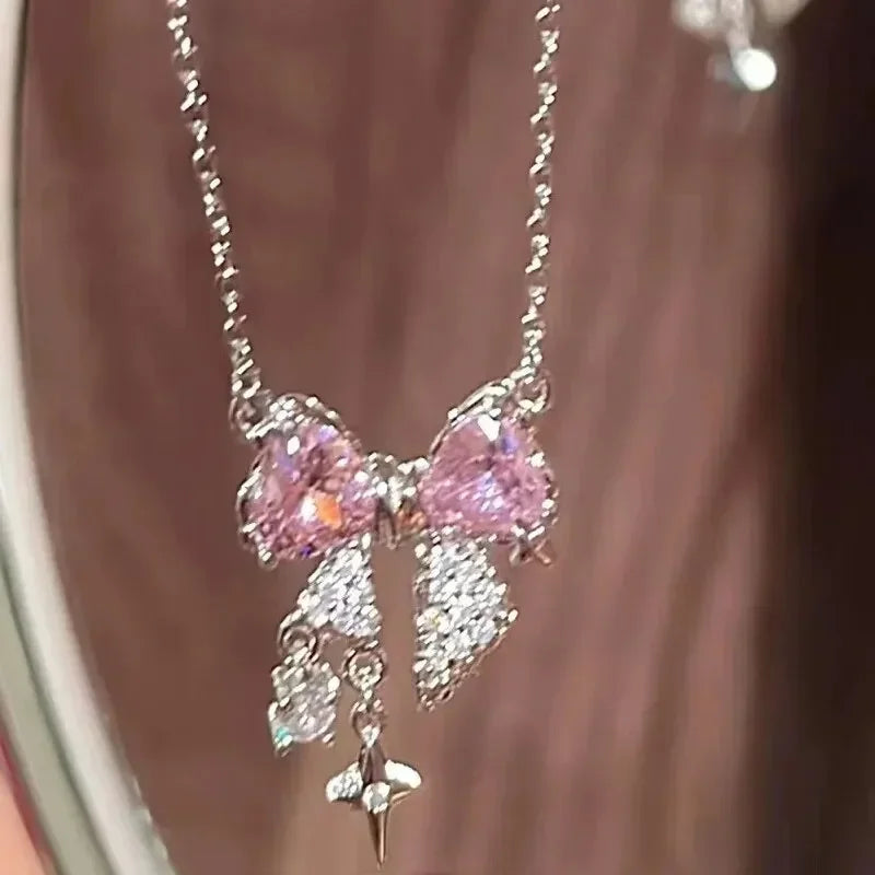 Fashion Fairy Pink Crystal Bow Knot Pendant Necklaces Y2K Girls Sweet Rhinestone Heart Clavicle Chain Women Jewelry Gifts - You Offer