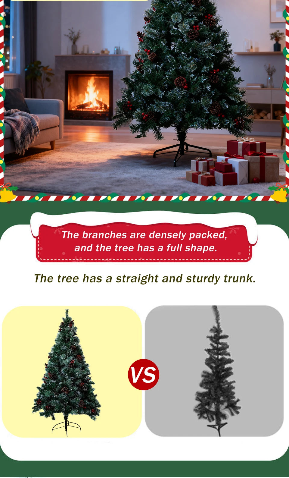 180cm Best artificial christmas trees 6ft Pre-Lit Artificial Spruce Christmas Tree with Large Pinecones, Red Berries