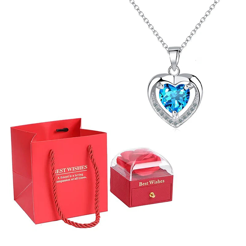 Heart Pendant Necklaces For Women With Rose Flower Gift Box Girlfriend Mother Family Birthday Fashion Romantic Surprise Gifts - You Offer