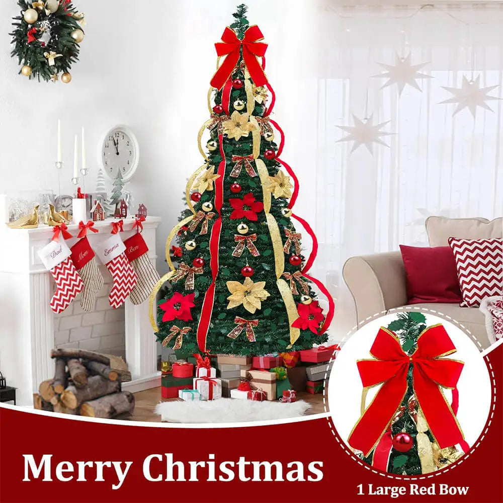New Retractable Christmas Tree with Red and Yellow Flower Decorations, LED Light Frame, Foldable Holiday Ornament