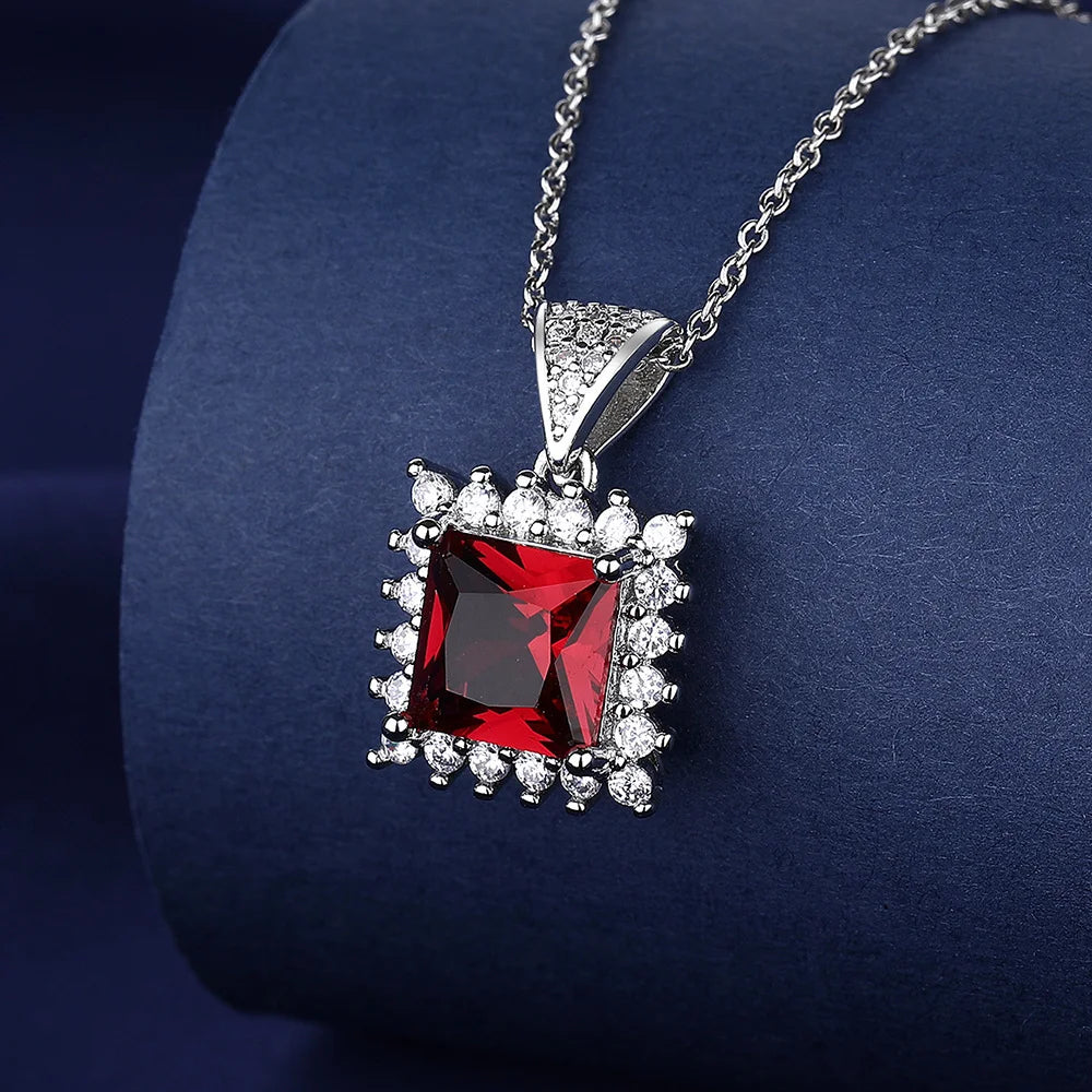 925 Sterling Silver Jewelry Set, Women's Shining Jewelry Cubic Zirconia Red Crystal Necklace Earrings Ring Birthday Gift Jewelry - You Offer