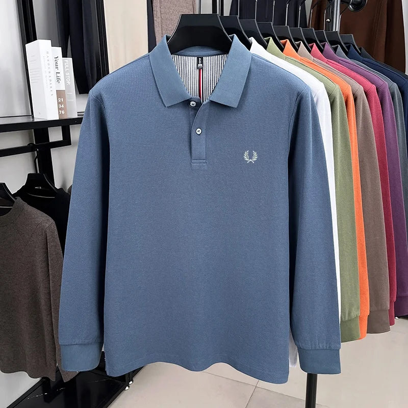 100% pure cotton autumn and winter highend men POLO shirt fashion brand embroidered wheat business casual lapel long sleeved top