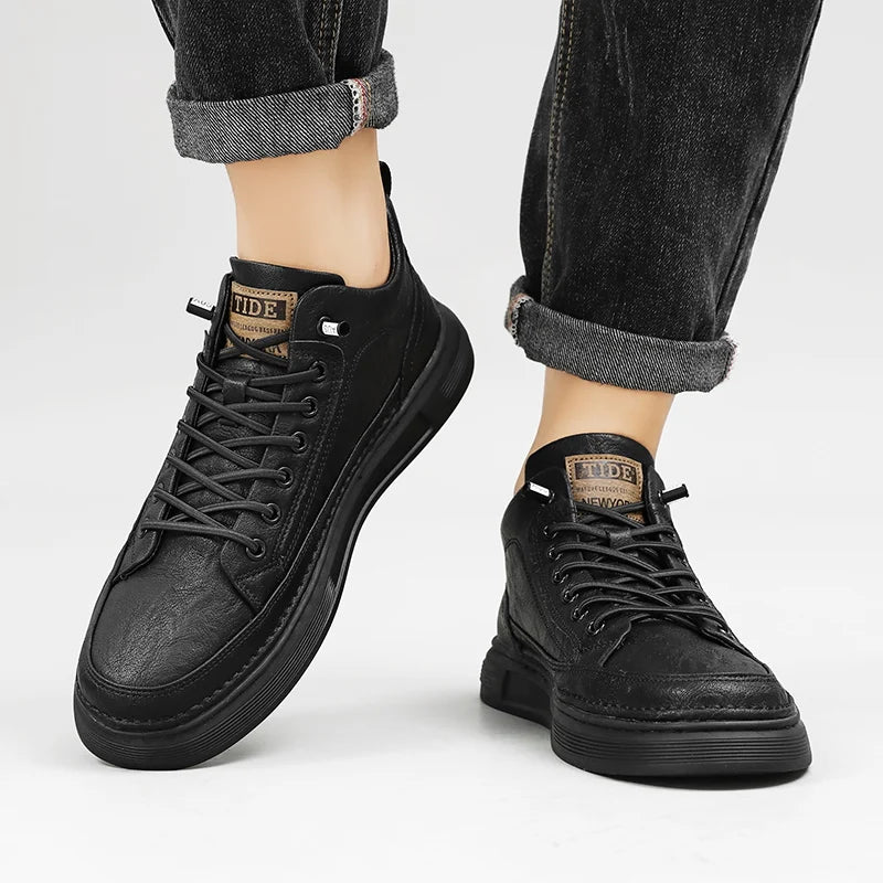 British Leather Men's Casual Shoes Breathable Trendy Handmade Shoes Platform Breathable Shoes Male Walking Shoes Men Black Shoes