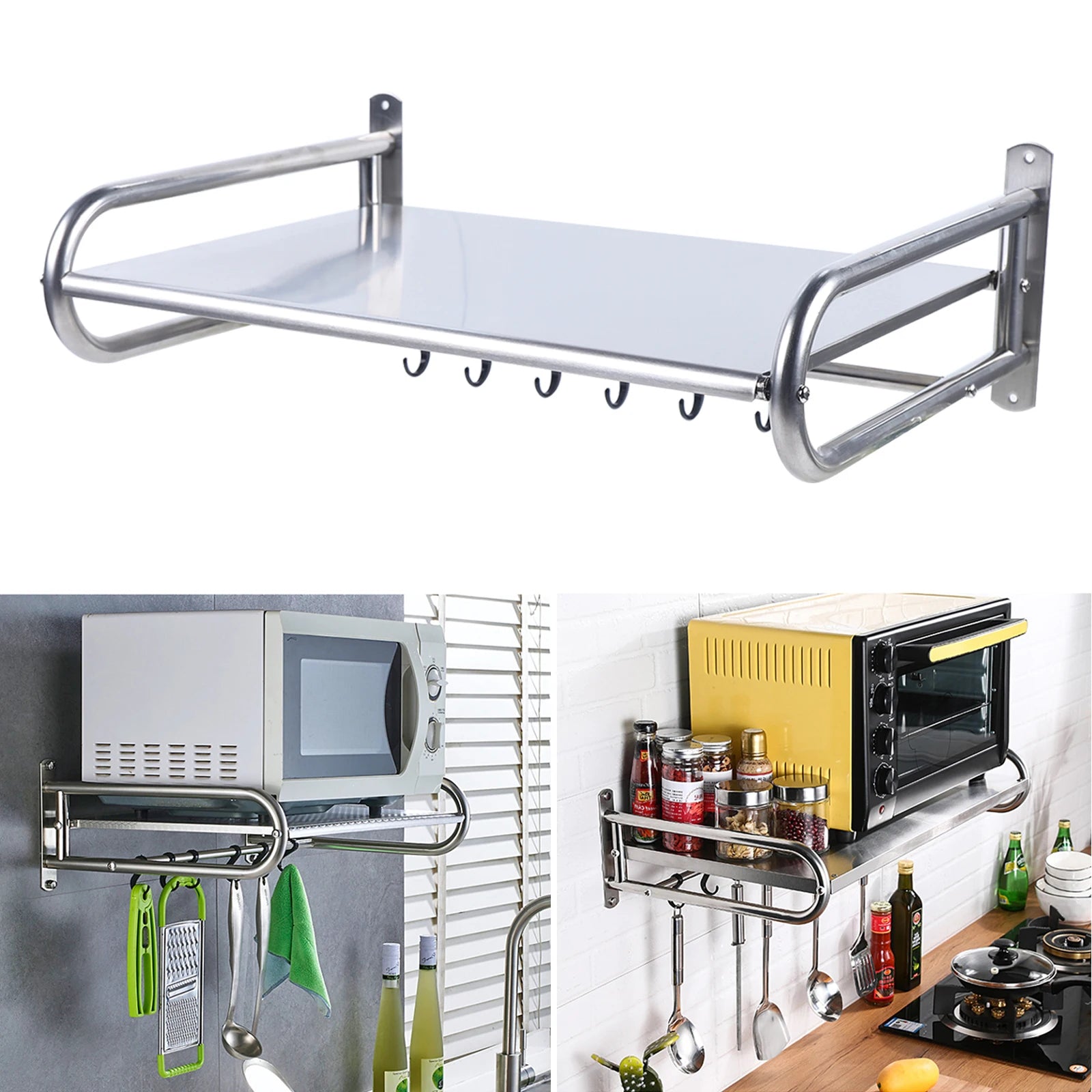 Microwave Stand, 2-Tier Adjustable Wall-Mounted, Stainless Steel, Ideal for Kitchen and Bathroom, Modern Design for Space Saving - You Offer