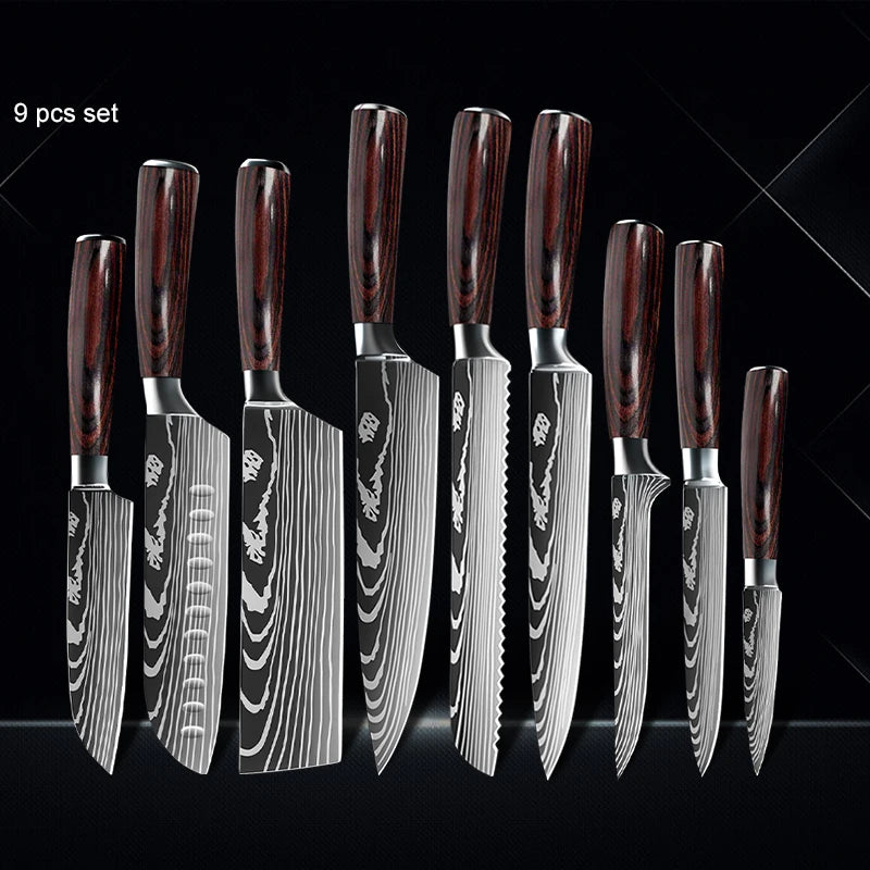 Chef knife 1-10Pcs Set Laser Damascus Pattern Kitchen Knives Sharp Japanese Santoku Slicing Utility Knife Cleaver Boning Knives - You Offer
