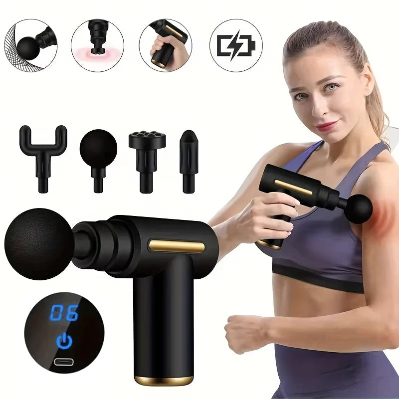 Portable Fascia Massage Gun Deep Tissue Massager Body Muscle Relaxation with LED Touch Screen 4 Replaceable Massage Heads - You Offer