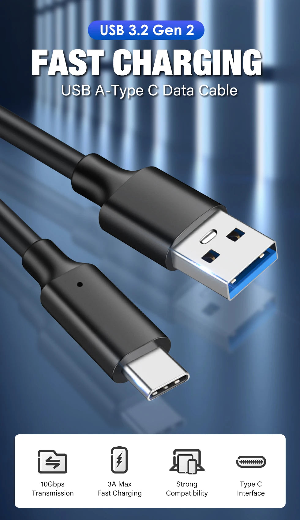 USB3.2 10Gbps Cable USB Type A to USB C 3.2 Gen2 Cable Data Transfer USB C SSD Hard Disk Cable 3A 60W QC 3.0 Fast Charging 2m 3m