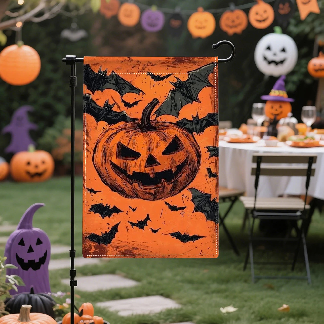 Halloween Skull Pumpkins Double-Sided Linen, 12x18 Inches, Home Outdoor Yard Holiday Party Decorations (Flag Pole Not Included)