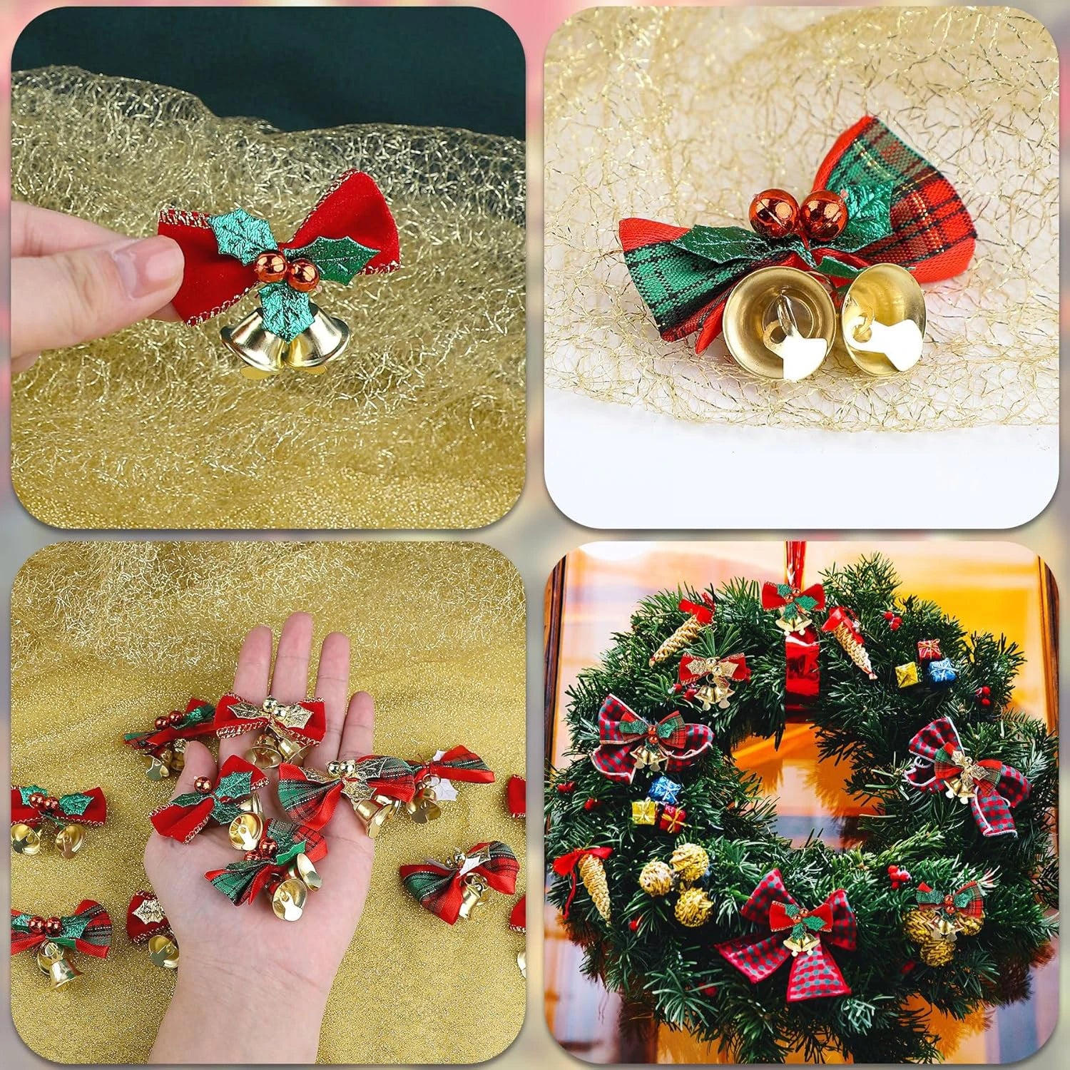 Christmas Mini Bowknot Jingle Bell Xmas Trees Hanging Pendant Small Bow with Bell Ornament DIY Party Gifts New Year Decorations