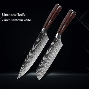 Chef knife 1-10Pcs Set Laser Damascus Pattern Kitchen Knives Sharp Japanese Santoku Slicing Utility Knife Cleaver Boning Knives - You Offer