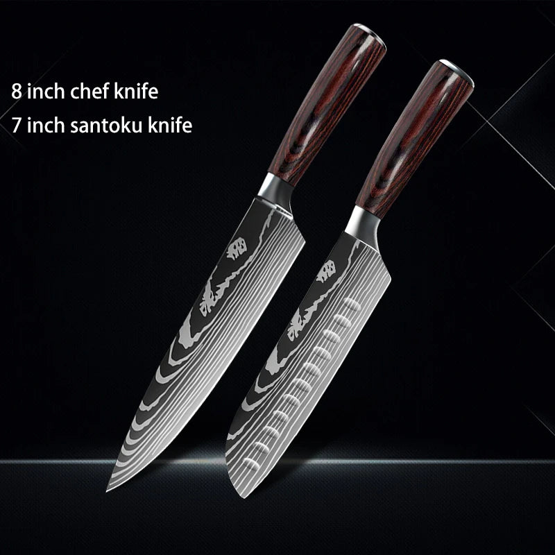 Chef knife 1-10Pcs Set Laser Damascus Pattern Kitchen Knives Sharp Japanese Santoku Slicing Utility Knife Cleaver Boning Knives - You Offer