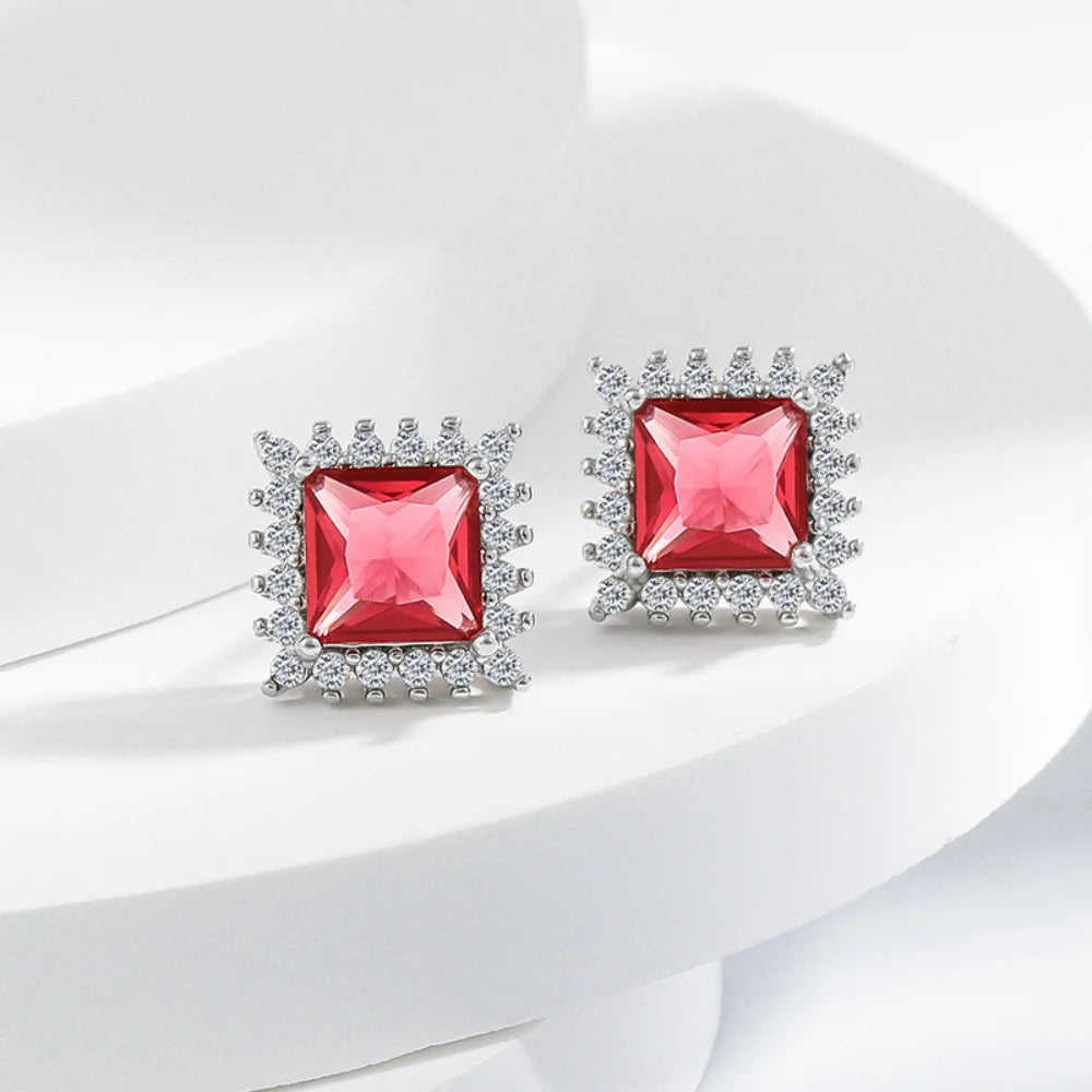 925 Sterling Silver Jewelry Set, Women's Shining Jewelry Cubic Zirconia Red Crystal Necklace Earrings Ring Birthday Gift Jewelry - You Offer