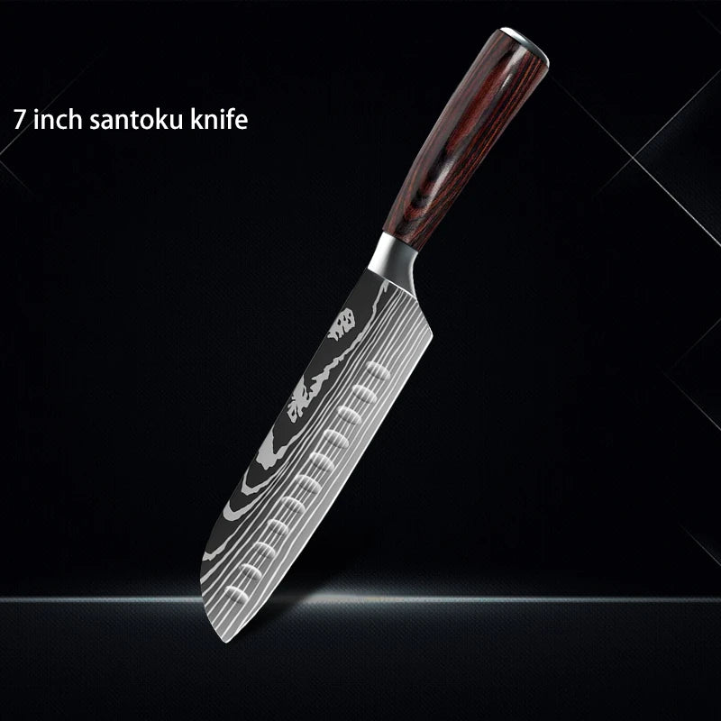 Chef knife 1-10Pcs Set Laser Damascus Pattern Kitchen Knives Sharp Japanese Santoku Slicing Utility Knife Cleaver Boning Knives - You Offer