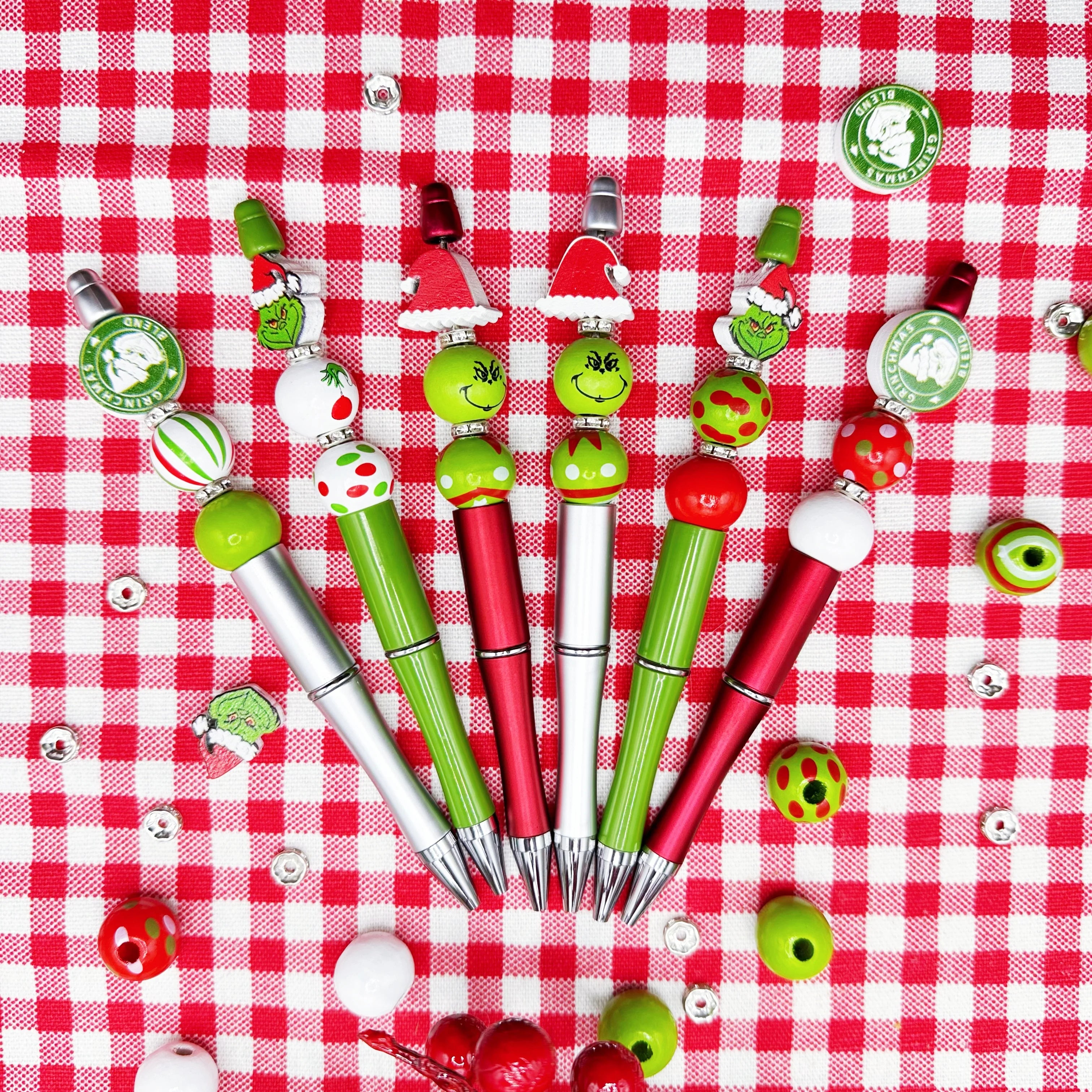 6PCS Christmas Grinch Theme Creative DIY Bead Pen Set, Office and Study Supplies Birthday Gift