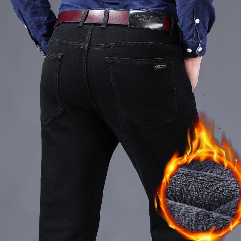 Winter Warm Jeans Men's Thickened Velvet Black Fashion Korean Trousers Plush Velvet Business Casual Straight Denim Pants - You Offer