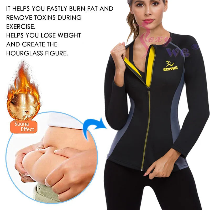 SEXYWG Slimming Body Shaper Fitness Women Neoprene Sauna Jacket Waist Trainer Shapewear Zipper Yoga Shirt Long Sleeve Blouse - You Offer