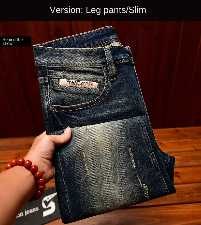 Heavy duty denim washed retro jeans for men 2025 new slim fit small foot elastic trendy brand casual Korean version pants - You Offer