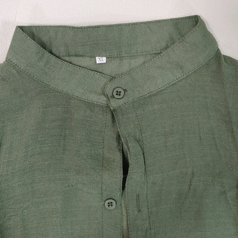 Male Casual Cotton Linen Shirts Long Sleeve Stand Collar Shirts Man Solid Social Shirt Blouses Formal Soccer Top Men Clothing