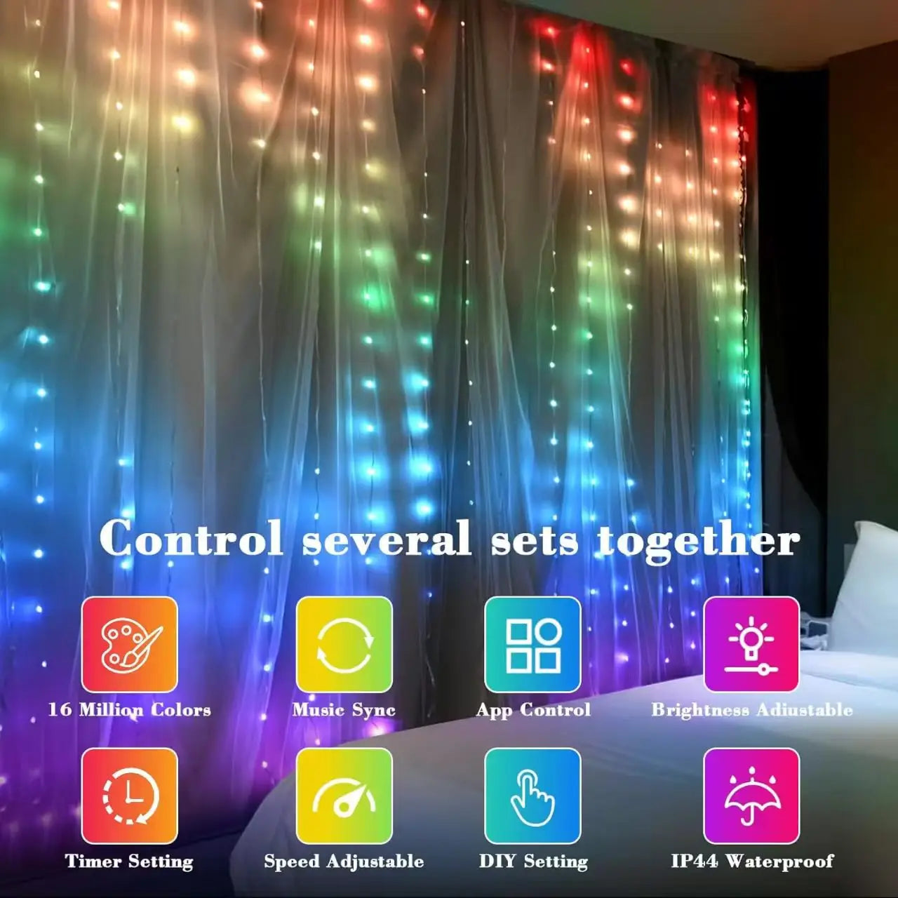 Smart Curtain Lights, 400 LED USB Curtain String Lights with App Remote Control,Music Sync Christmas Curtain String Outdoor