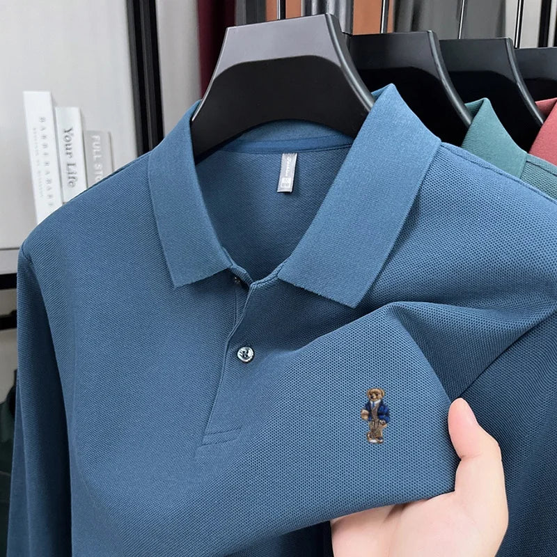 100% pure cotton men's trendy luxury brand autumn long sleeved polo shirt designer teddy bear embroidery business casual T-shirt