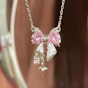 Fashion Fairy Pink Crystal Bow Knot Pendant Necklaces Y2K Girls Sweet Rhinestone Heart Clavicle Chain Women Jewelry Gifts - You Offer