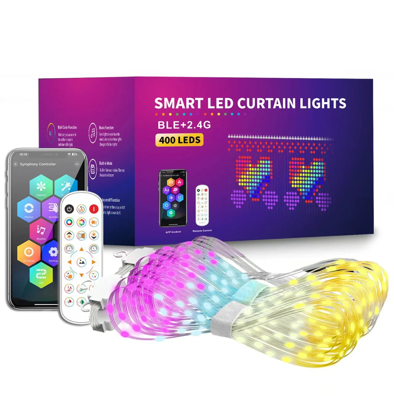 Smart Curtain Lights, 400 LED USB Curtain String Lights with App Remote Control,Music Sync Christmas Curtain String Outdoor