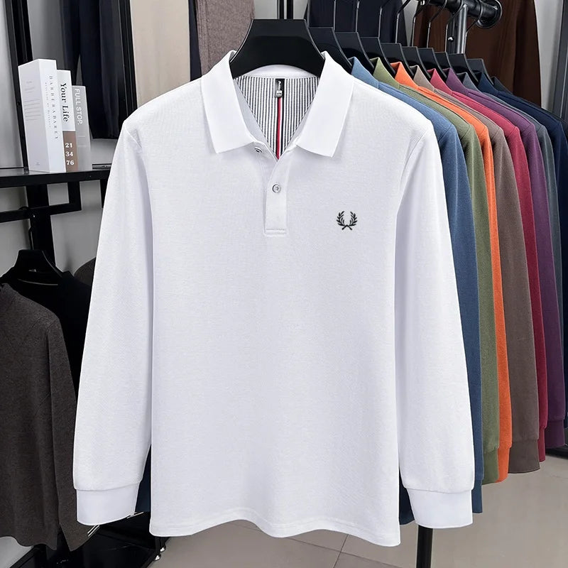100% pure cotton autumn and winter highend men POLO shirt fashion brand embroidered wheat business casual lapel long sleeved top