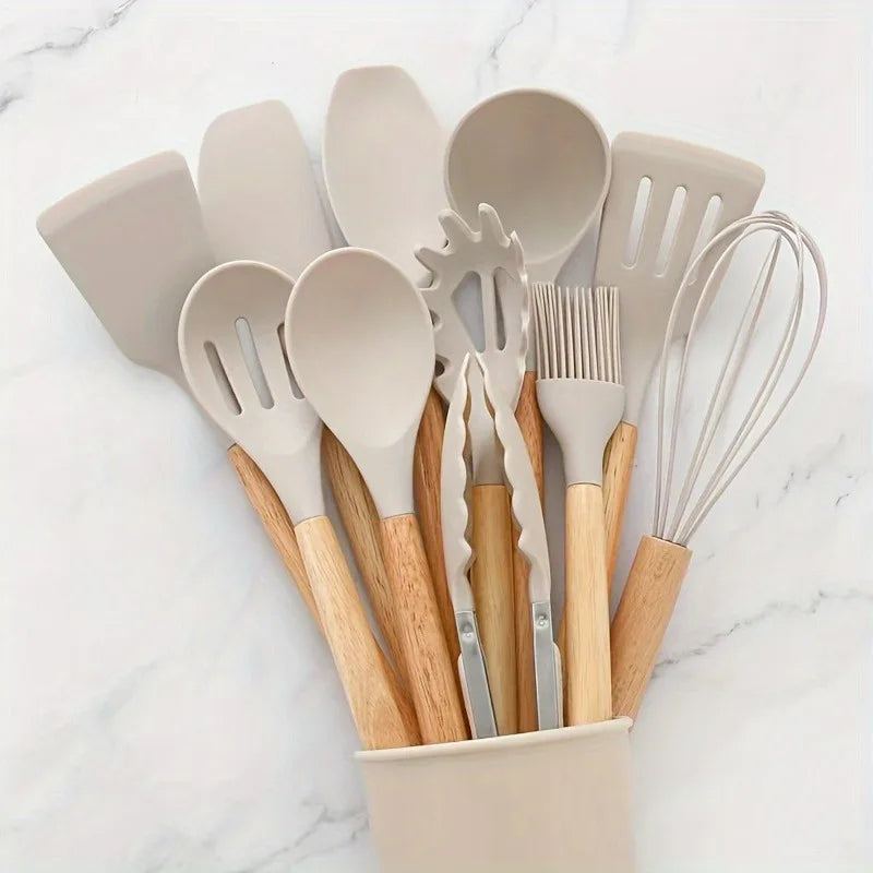 2-Piece Silicone Kitchen Utensil Set with Wooden Handles - You Offer