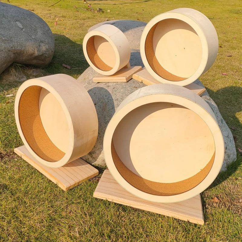 Wooden Silent Hamster Wheel with Stand | Natural Wood Exercise Spinner for Chinchillas/Hedgehogs/Ferrets, Anti-Slip Non-Ejection